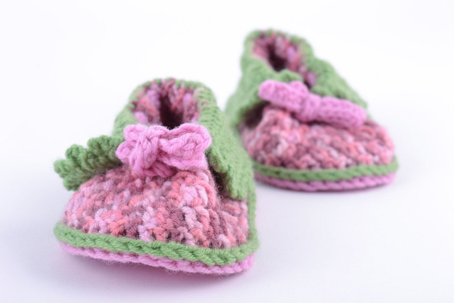 Tender lilac and green handmade baby shoes crocheted of cotton and wool for girl photo 3