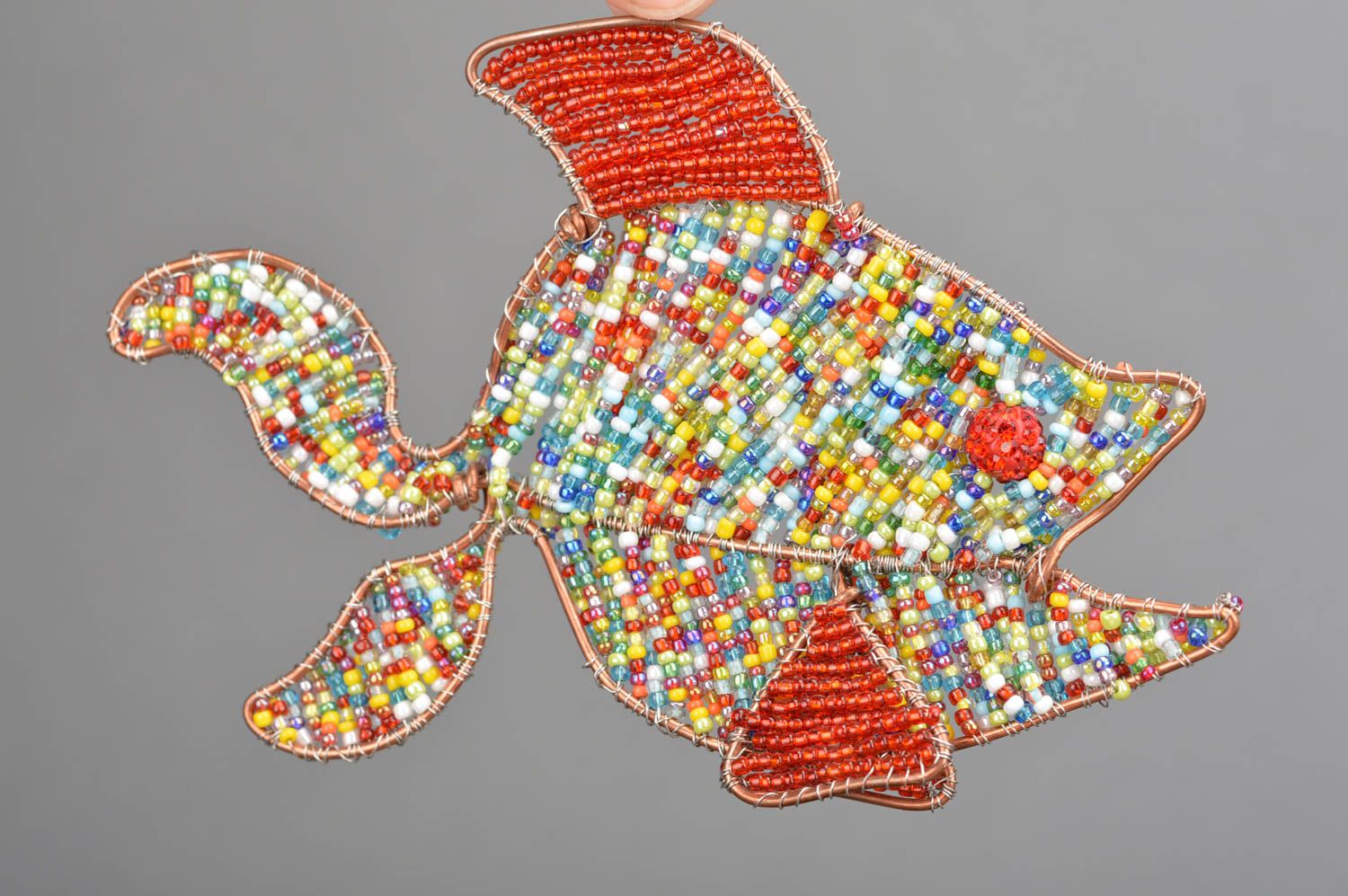 Handmade bright colorful beaded wall hanging decoration in the shape of fish photo 3