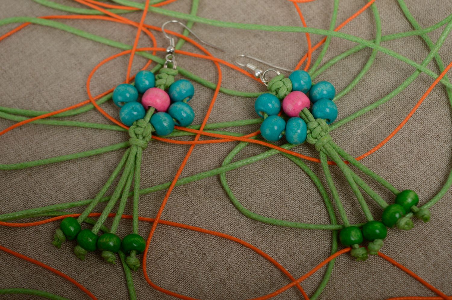 Macrame woven earrings with beads photo 5