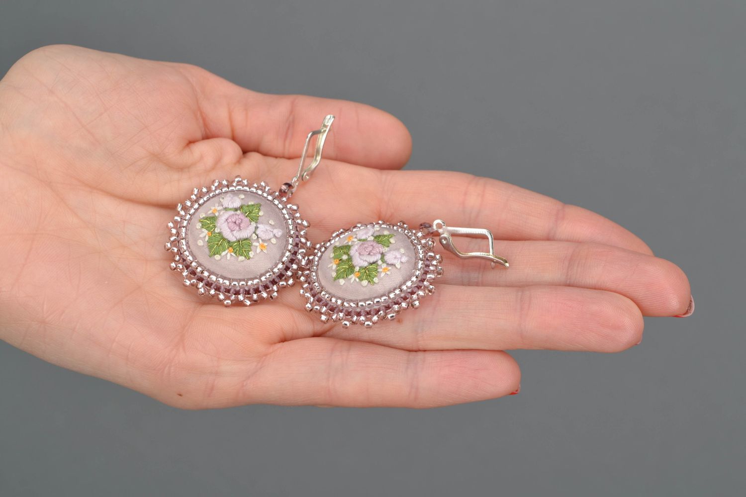 Round handmade earrings with embroidery  photo 2