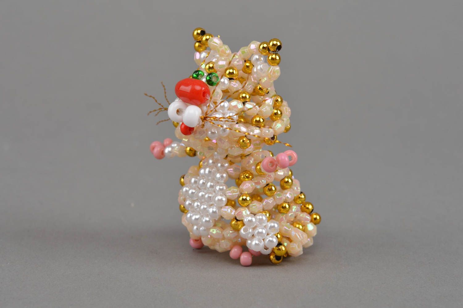 Small designer handmade collectible beaded figurine of cat of gold color photo 2