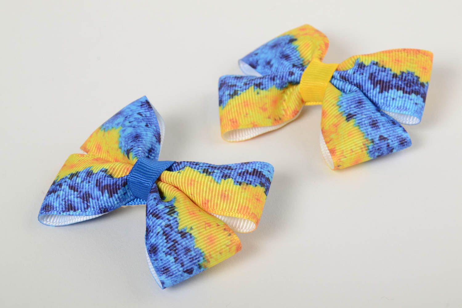 Hair clips in the form of bows handmade blue with yellow barrettes 2 pieces photo 2