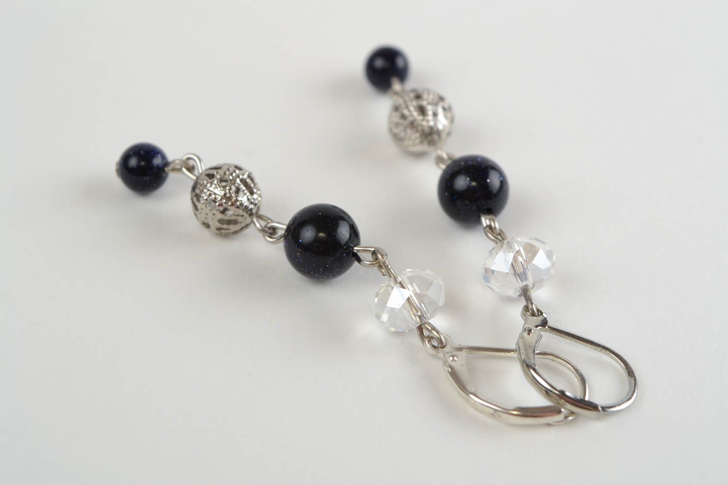 Handmade long dangling designer earrings with aventurine and crystal Black Berry photo 4