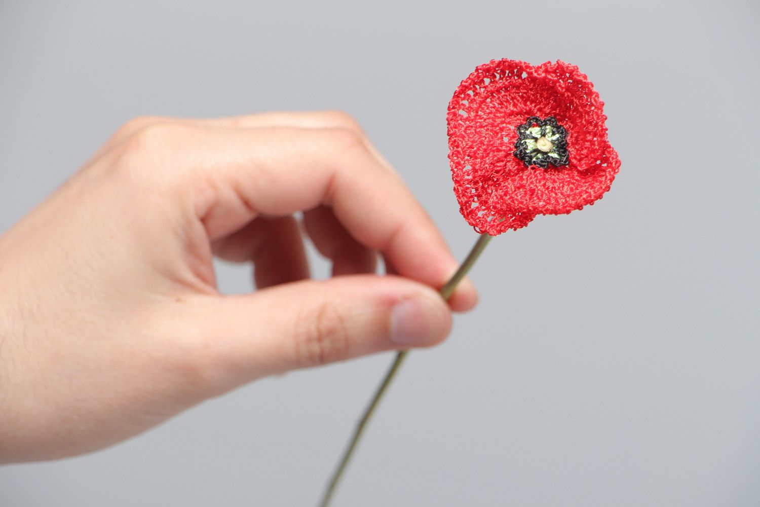Coquelicot tricoté au crochet fait main décoratif miniature avec longue tige photo 5