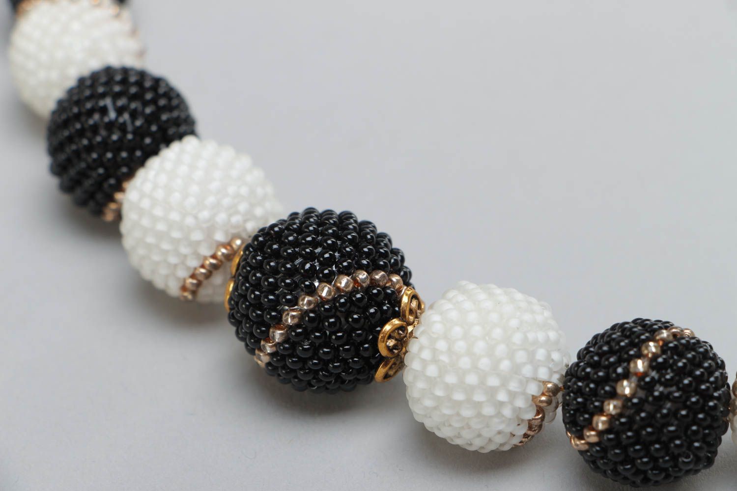 Unusual stylish handmade woven black and white bead necklace photo 4