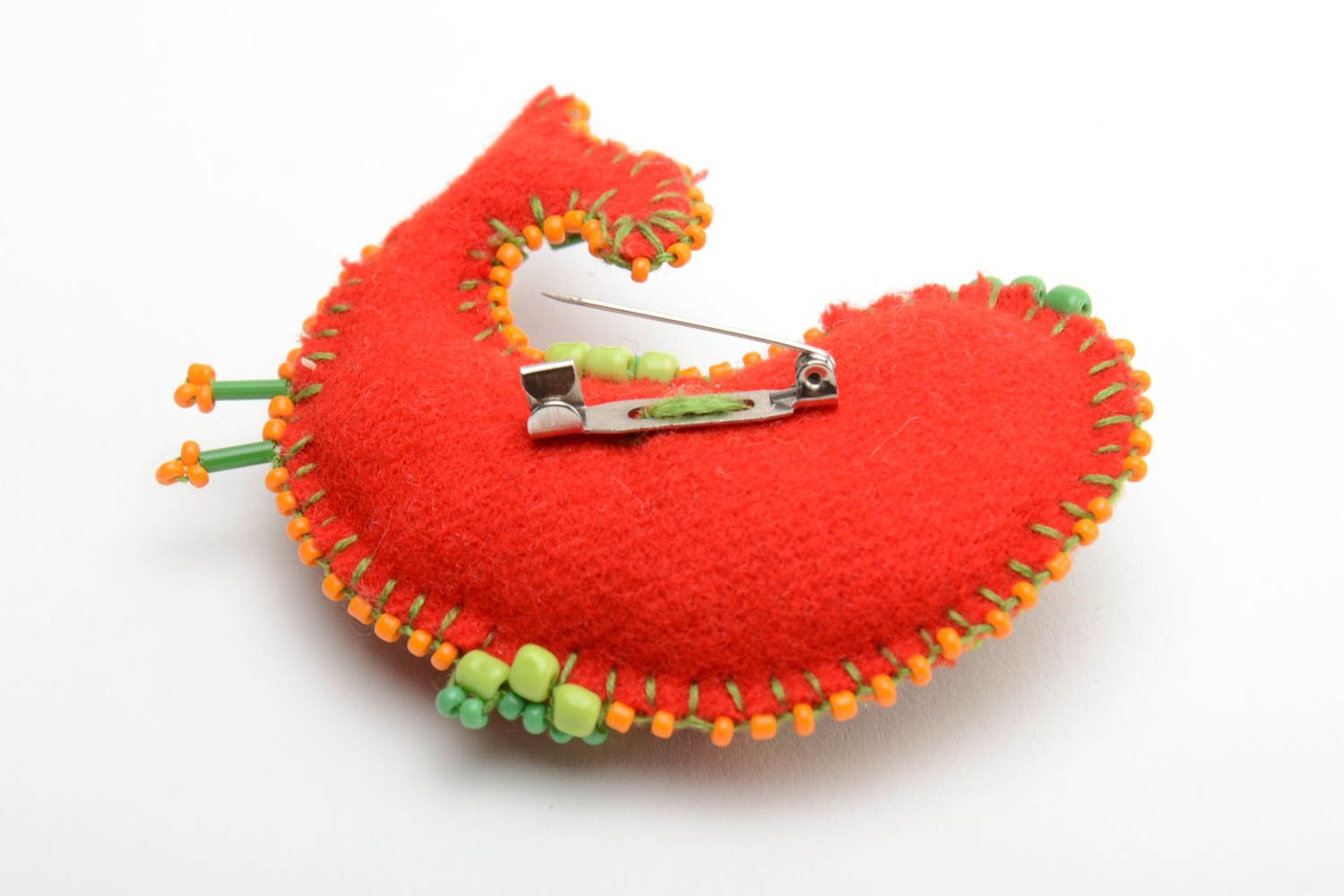 Orange handmade textile velor brooch fish embroidered with beads and threads photo 3