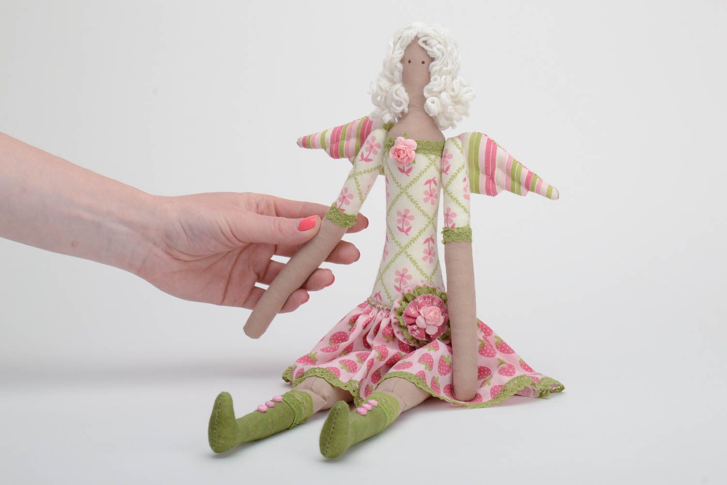 Handmade cotton fabric soft doll angel in floral dress with white hair  photo 5