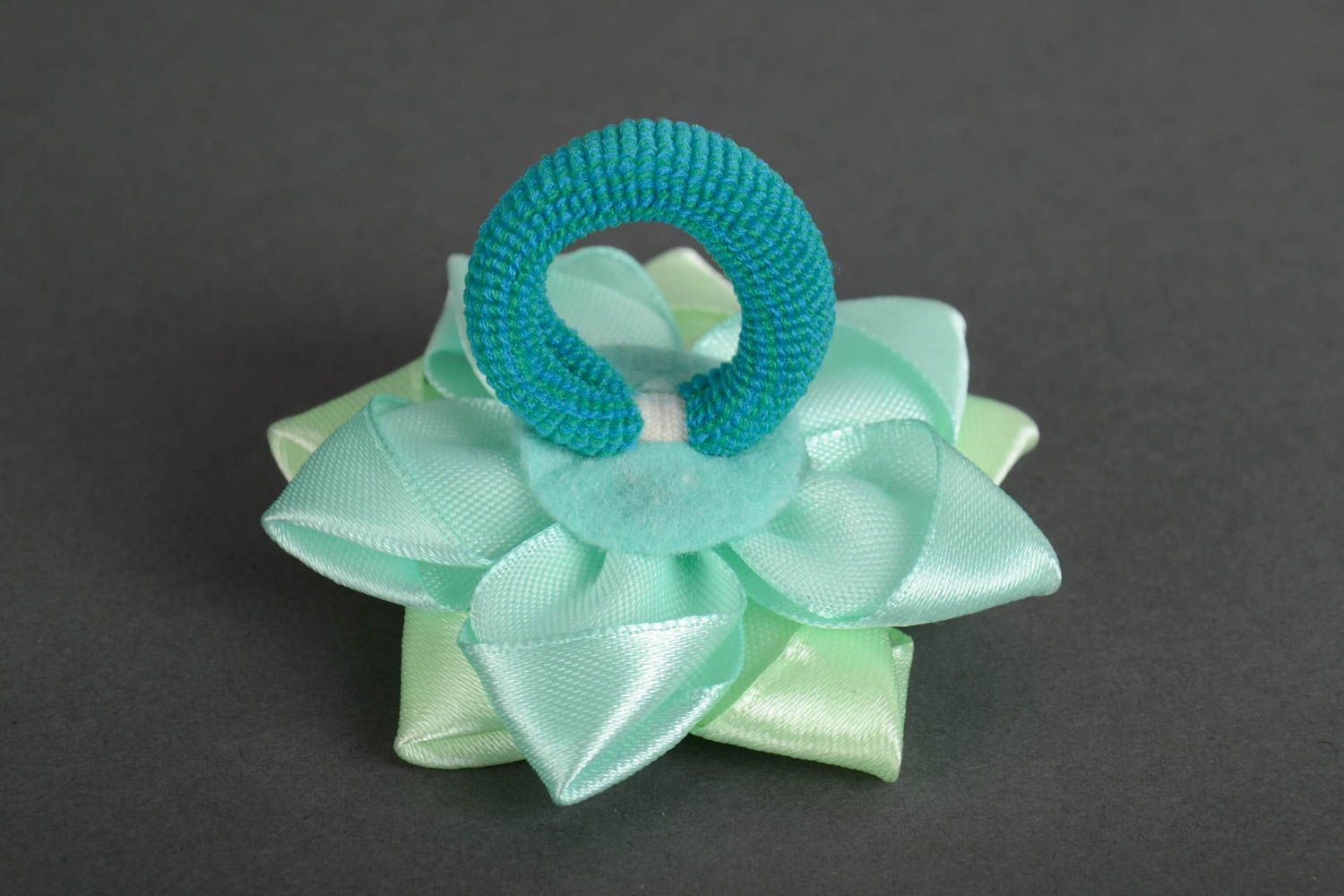 Decorative elastic hair band with tender flower of mint color with bead photo 2