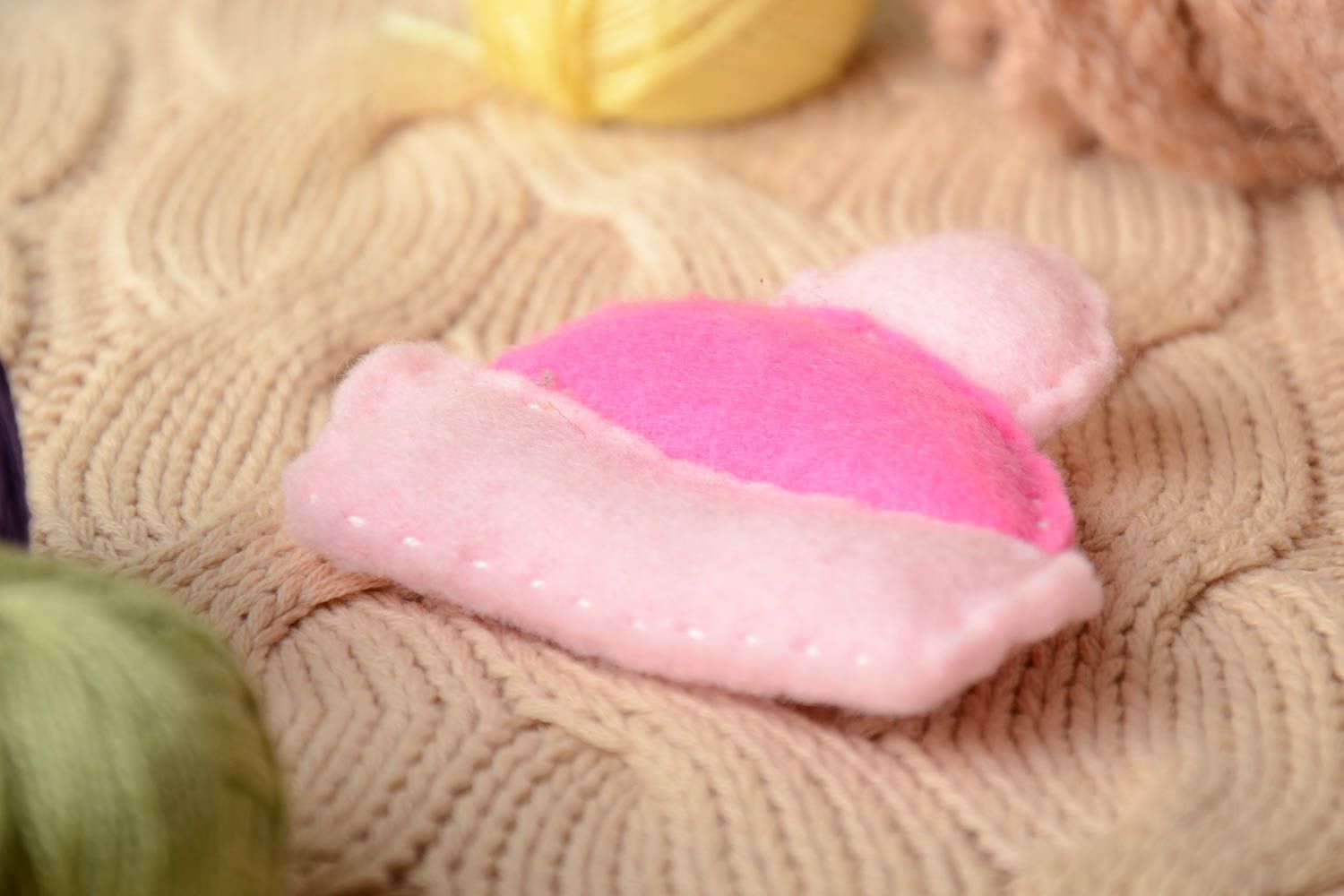 Handmade small felt soft toy bright pink hat for Christmas tree decoration photo 1