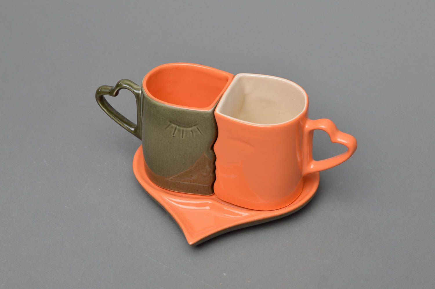 Porcelain mugs and heart-shaped saucer for couple handmade ceramic tableware photo 2