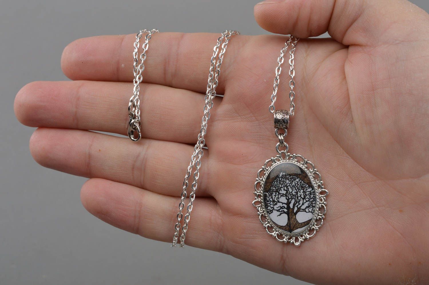Handmade vintage decoupage pendant necklace with jewelry resin on chain Tree photo 4
