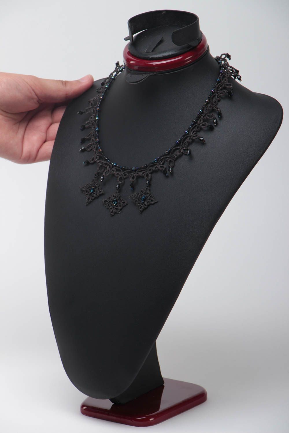 Handmade cotton necklace black festive accessory openwork textile jewelry photo 5
