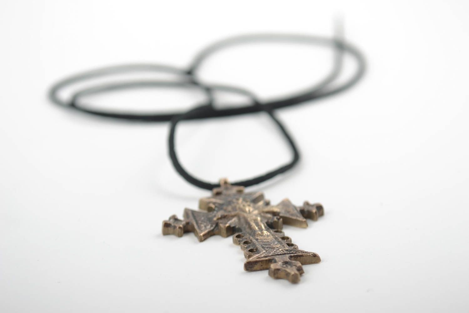 Next to skin large handmade cross pendant cast of bronze on long black cord photo 5