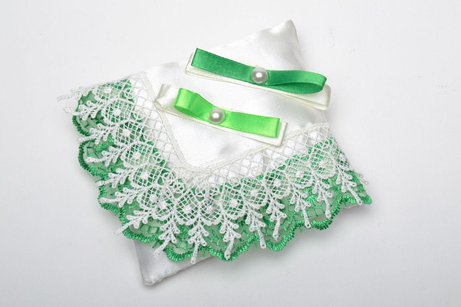 Handmade wedding satin ring bearer pillow with lace in white and green colors photo 2