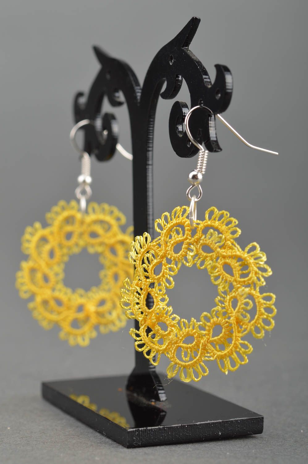 Beautiful delicate yellow earrings of round shape tatting handmade jewelry photo 5