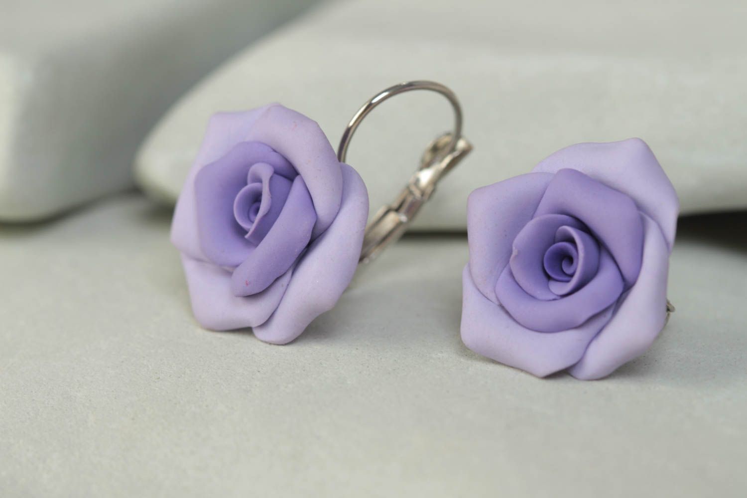 Handmade stylish dangle earrings with tender violet polymer clay rose flowers photo 1