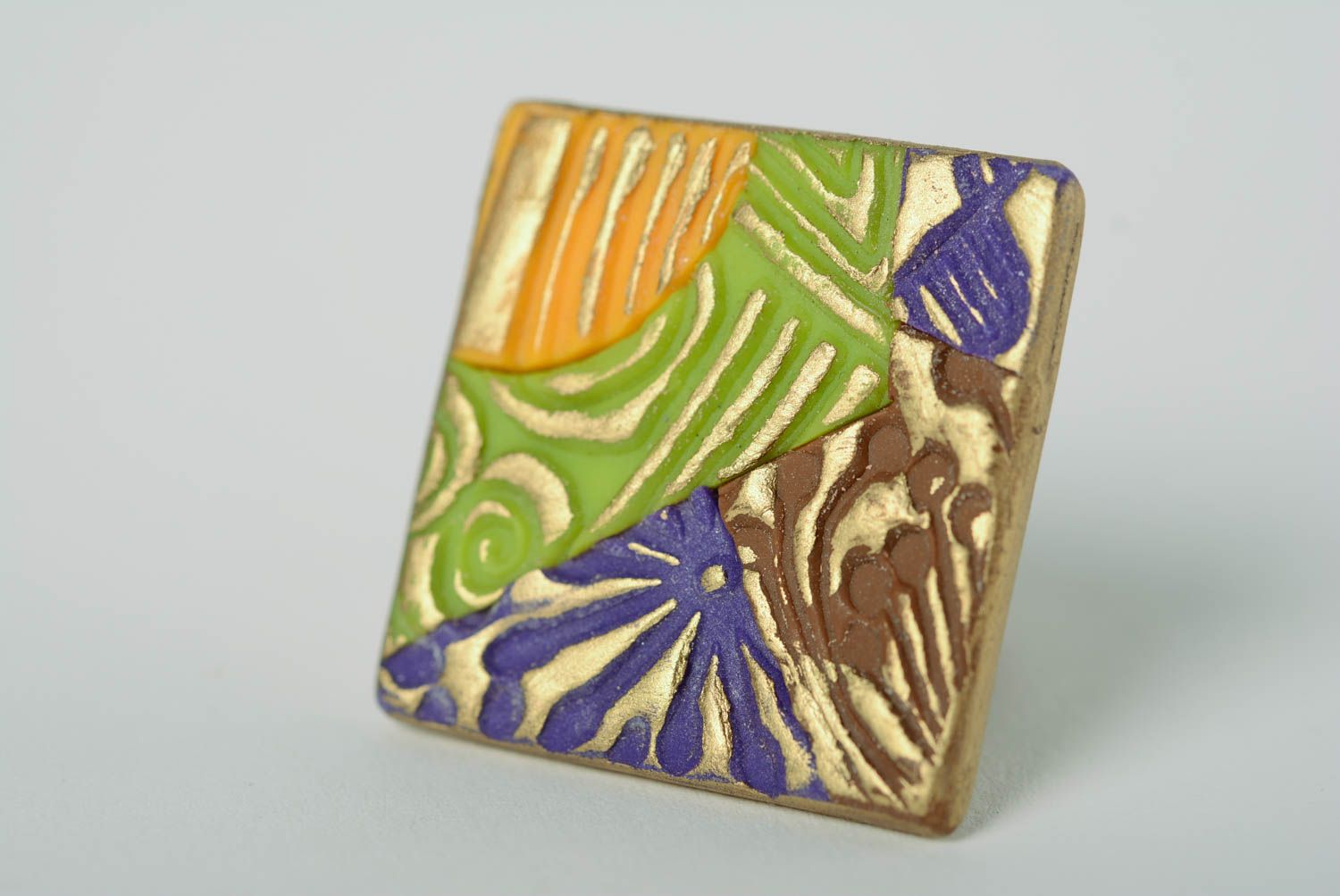 Handmade polymer clay square ring with ornament on metal basis of adjustable size photo 1