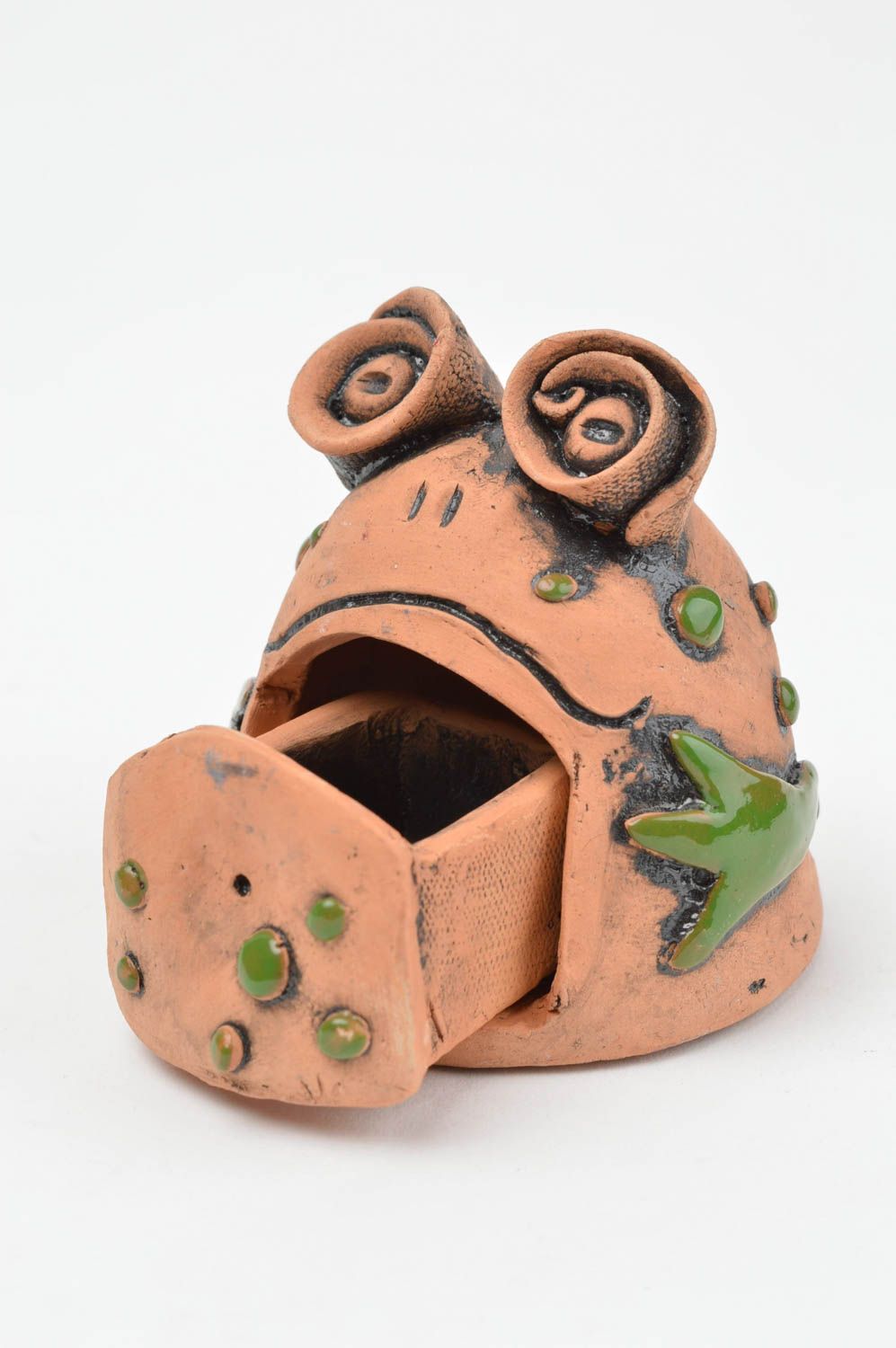 Schöne originelle handgemachte Schatulle aus Keramik in Form vom Frosch foto 4