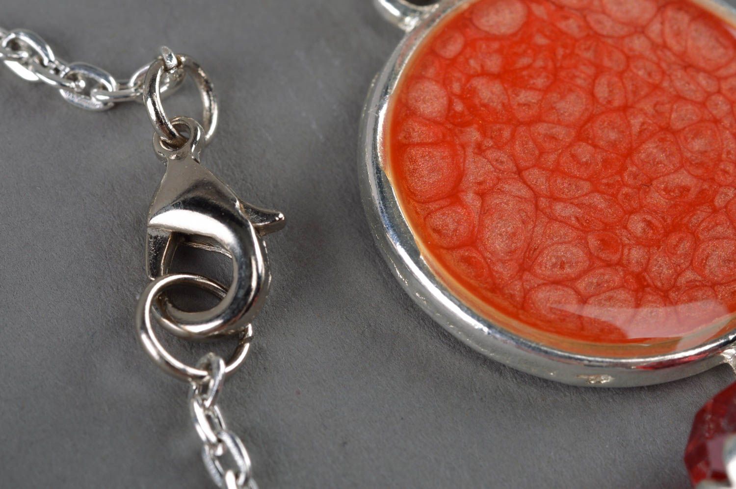 Stylish handmade orange decoupage neck pendant coated with epoxy resin and decorated with bead photo 3