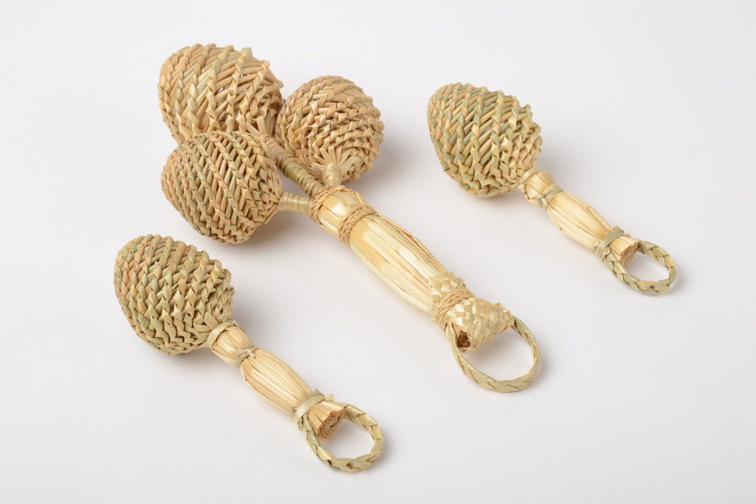 Set of 3 handmade eco friendly rattle toys woven of natural straw for babies photo 2