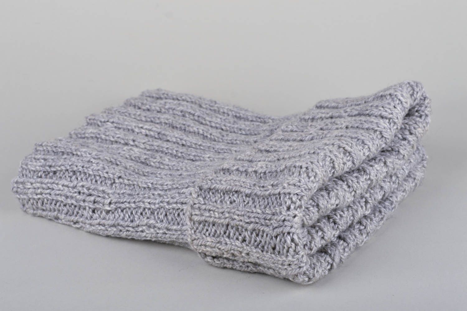 Snood tricot Écharpe tube fait main gris chaud en fils de laine Accessoire femme photo 3