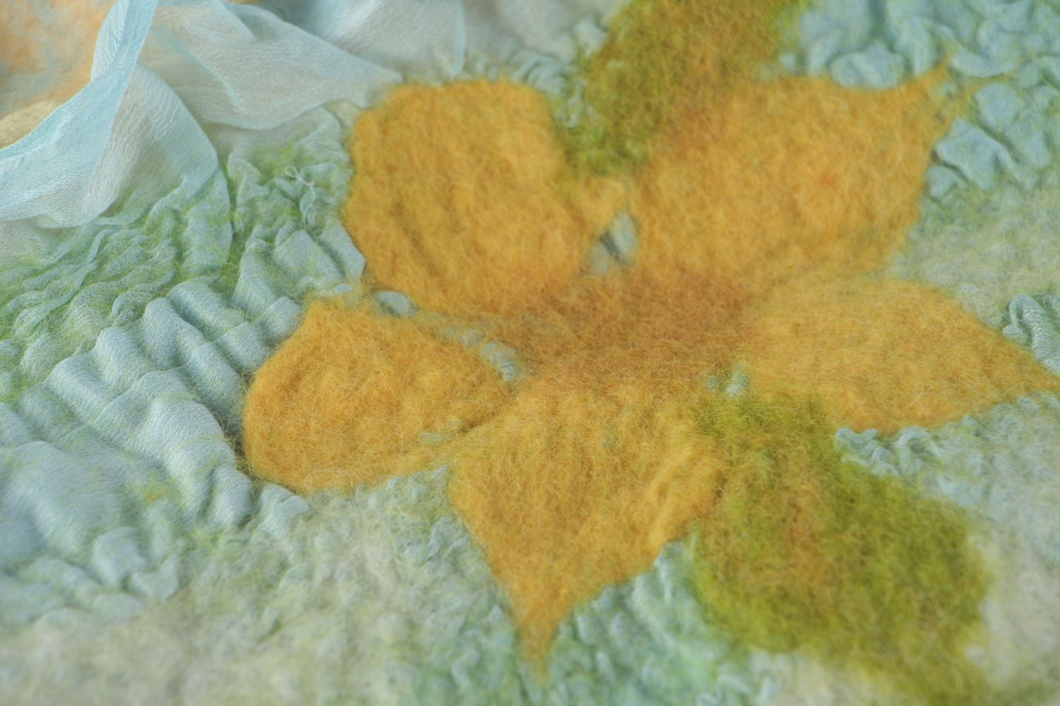 Tender handmade silk and chiffon scarf with felted wool flowers in light colors photo 3