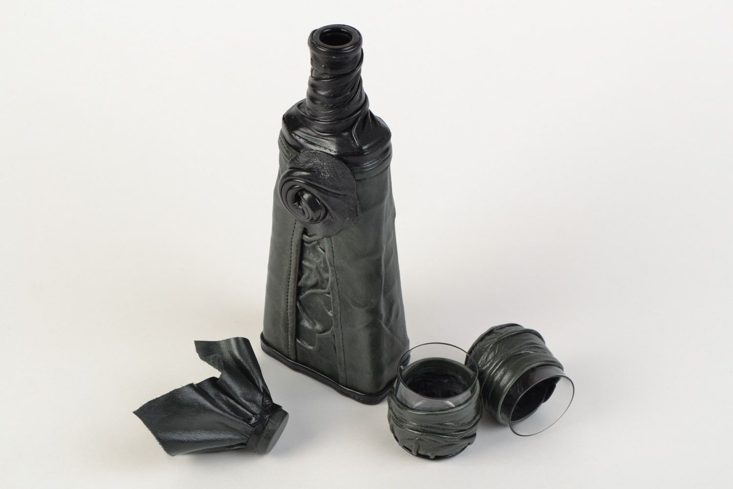 Set of handmade collectible bottle and 2 shot glasses decorated with leather for gift photo 5