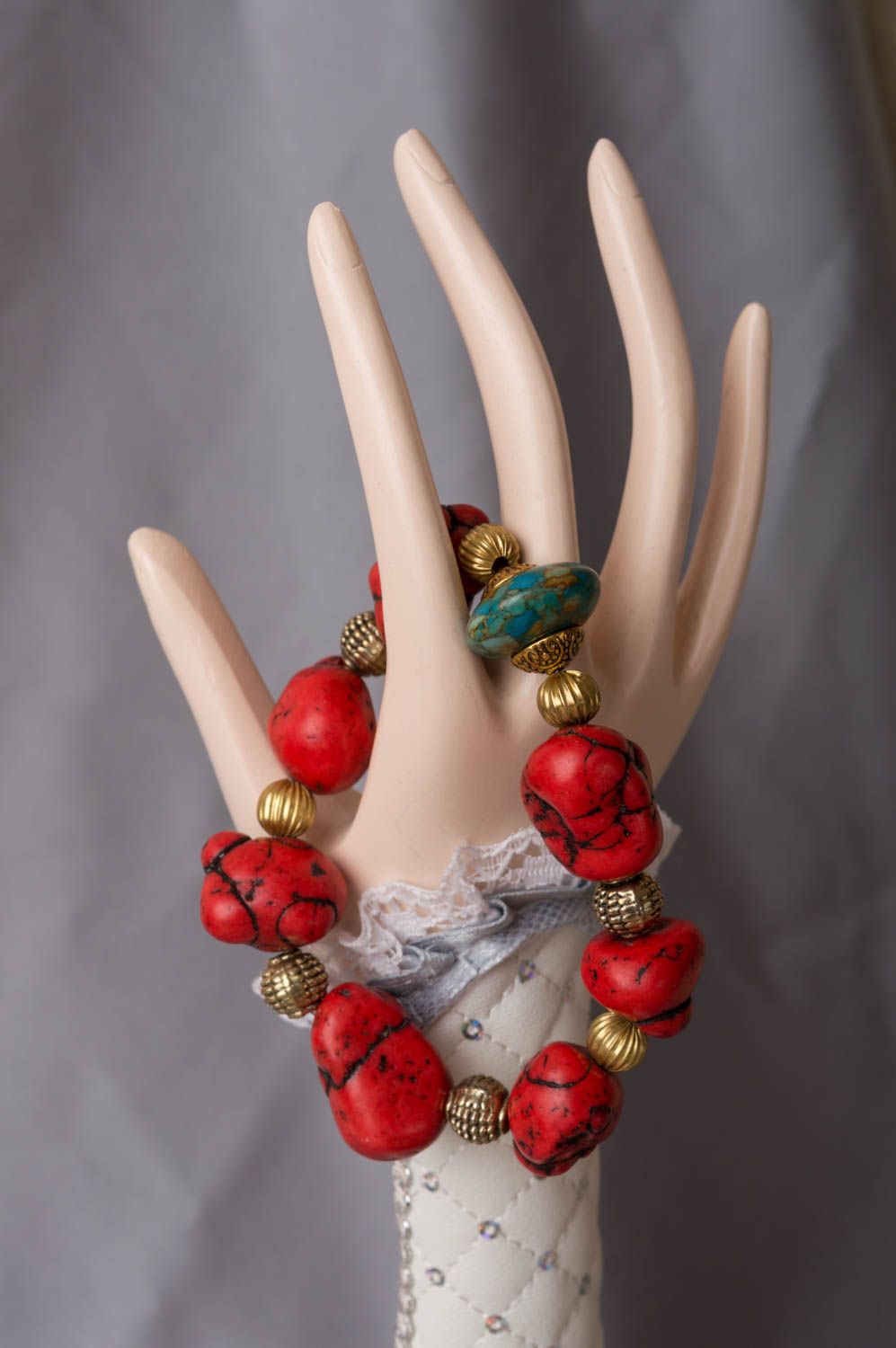 Elegant beautiful red designer handmade bracelet made of coral and brass photo 1