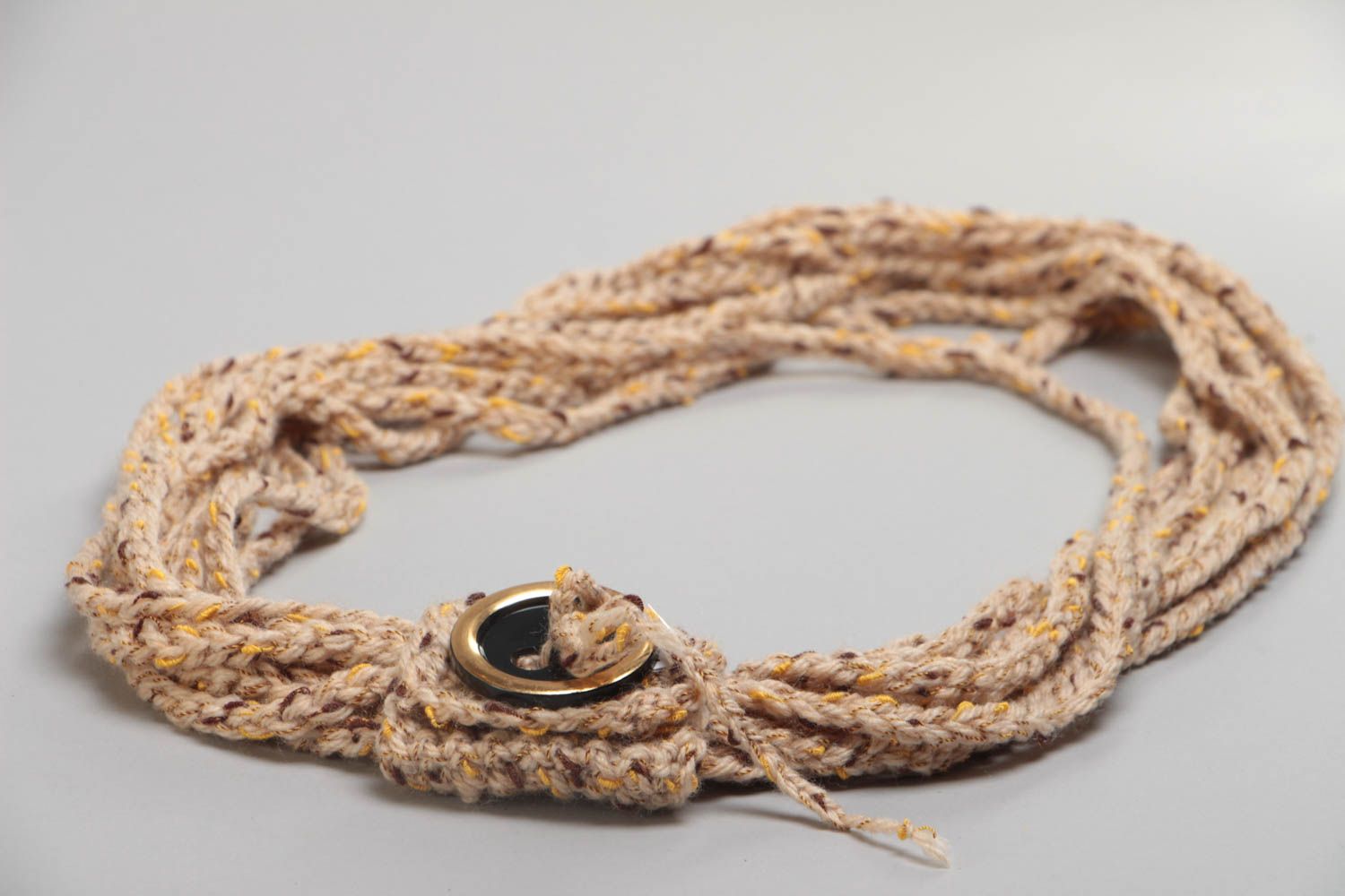 Unusual stylish beautiful handmade crochet scarf with button narrow beige photo 3