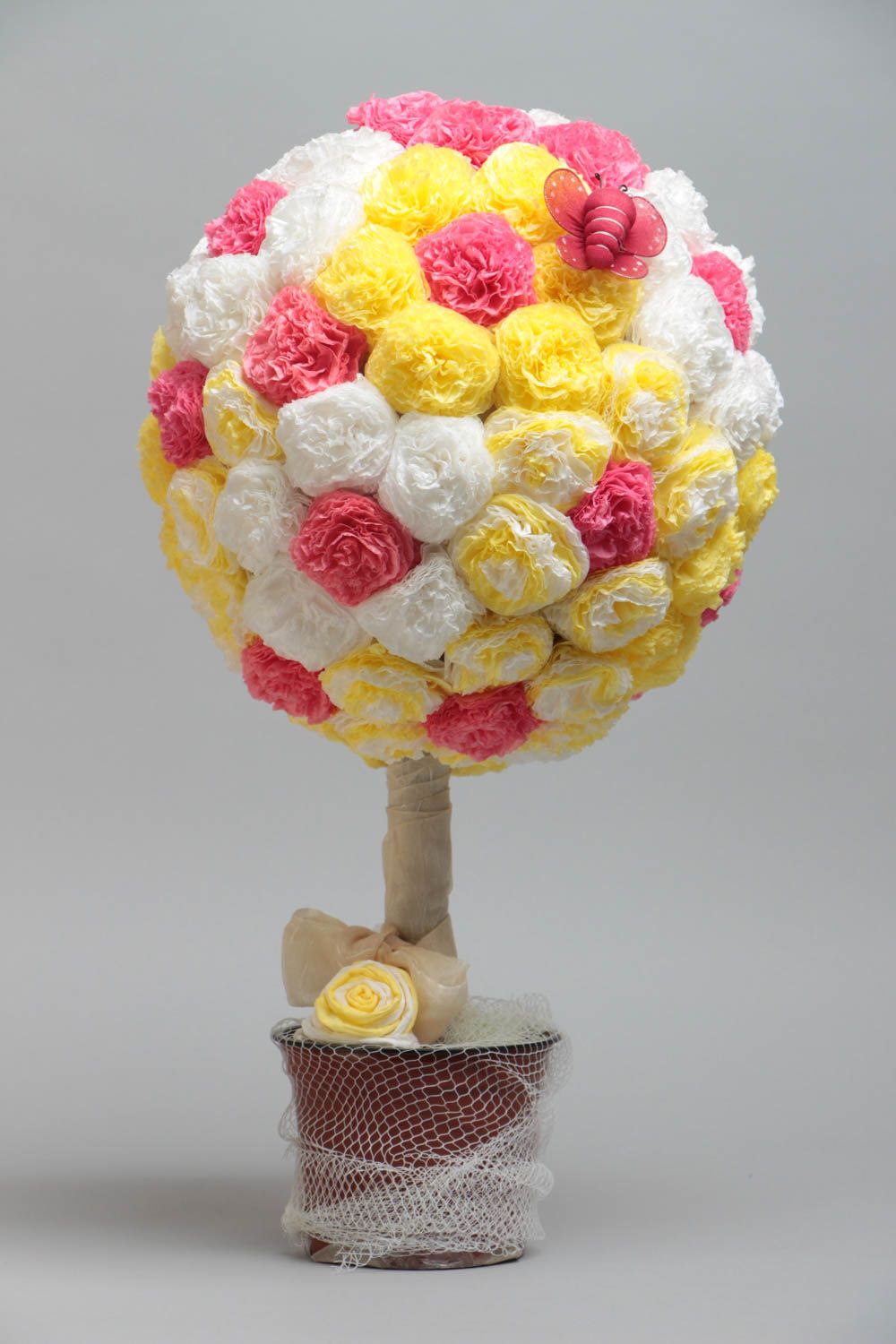Handmade round colorful topiary tree with yellow pink and white paper flowers photo 2