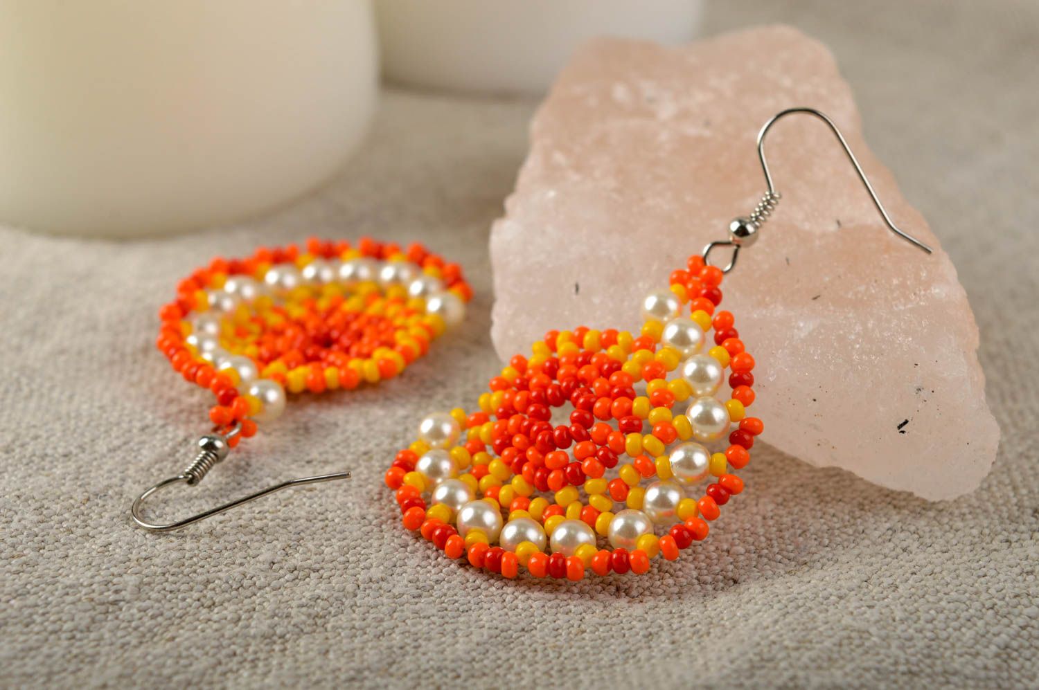 Handmade orange earrings designer beaded earrings unusual cute accessory photo 1