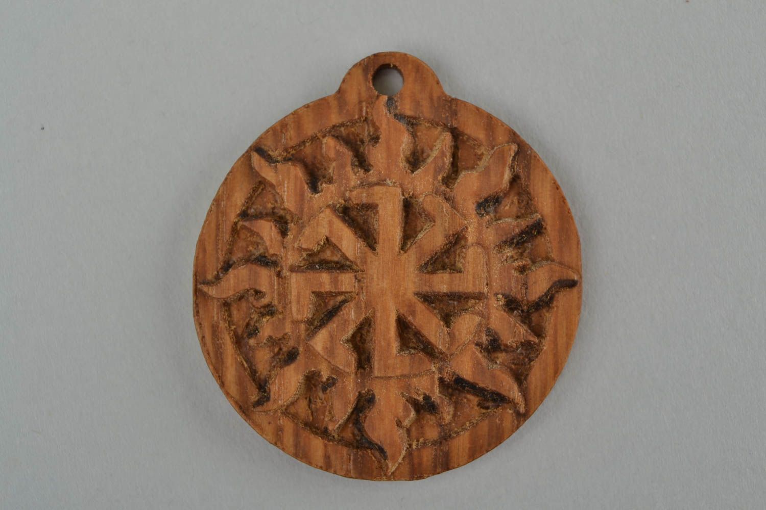 Handmade natural wood carved small round protective amulet pendant Slavic symbol photo 3