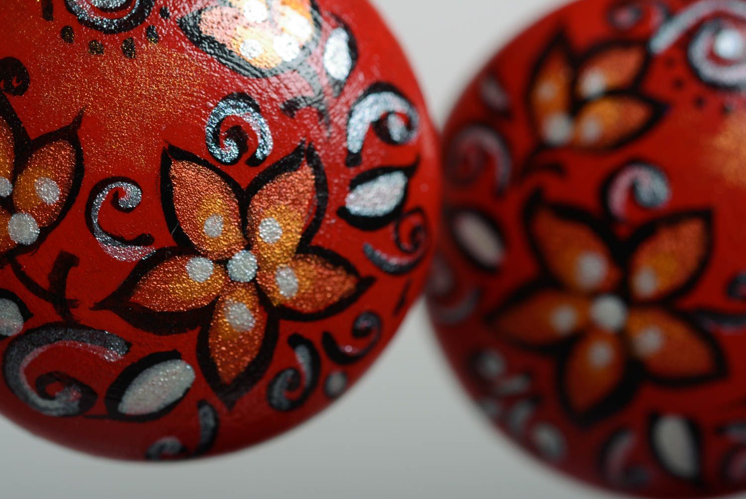 Unusual beautiful festive handmade designer painted wooden earrings of red color photo 2