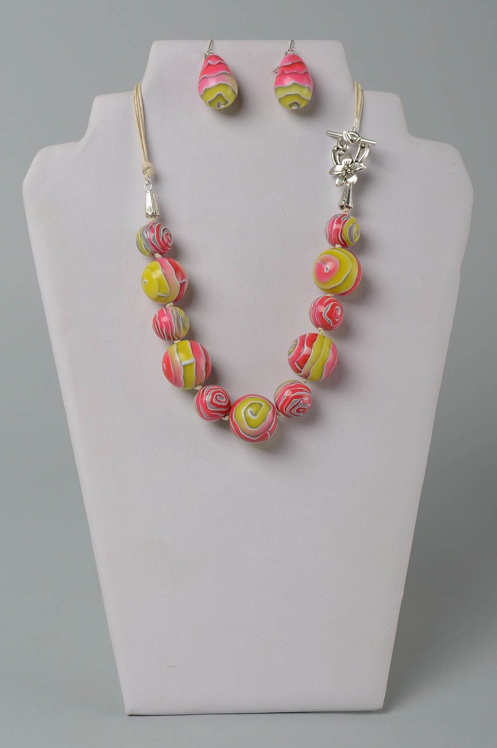 Handmade jewelry set polymer clay dangling earrings beaded necklace gift for her photo 1
