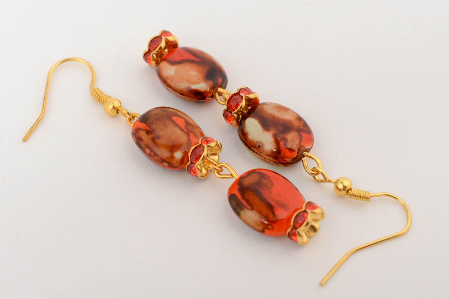 Handmade dangle earrings with plastic beads in red and brown color palette photo 5