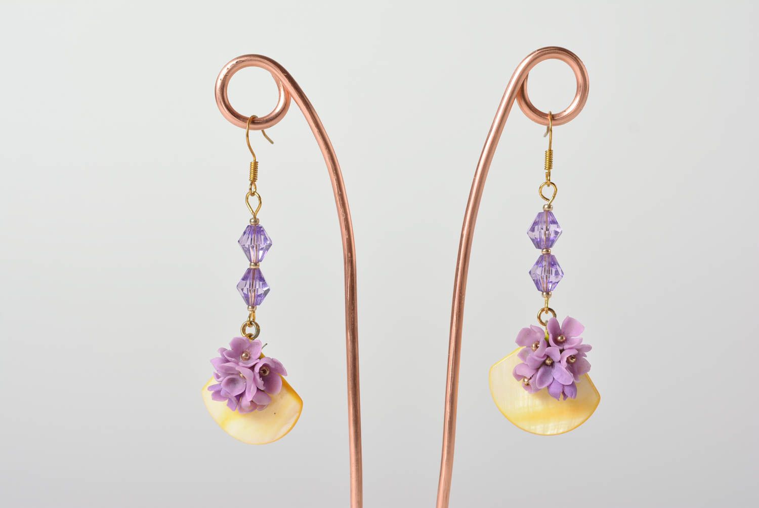 Beautiful homemade designer lilac long polymer clay flower earrings photo 1