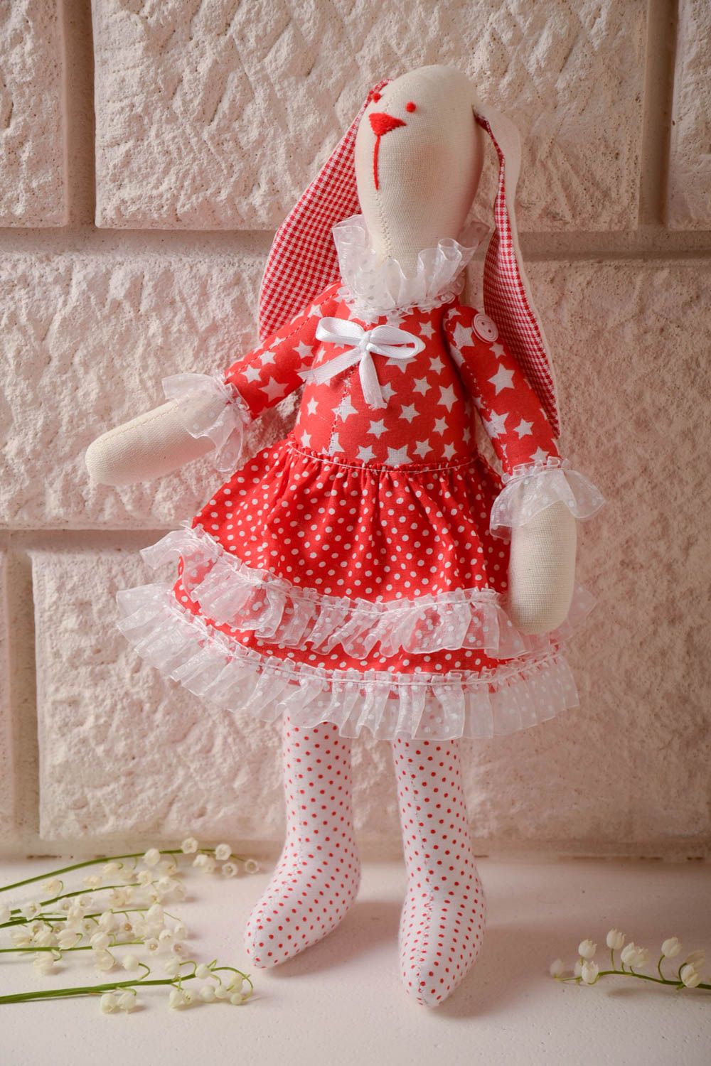 Handmade cotton fabric soft toy rabbit with checkered ears in red dress  photo 1