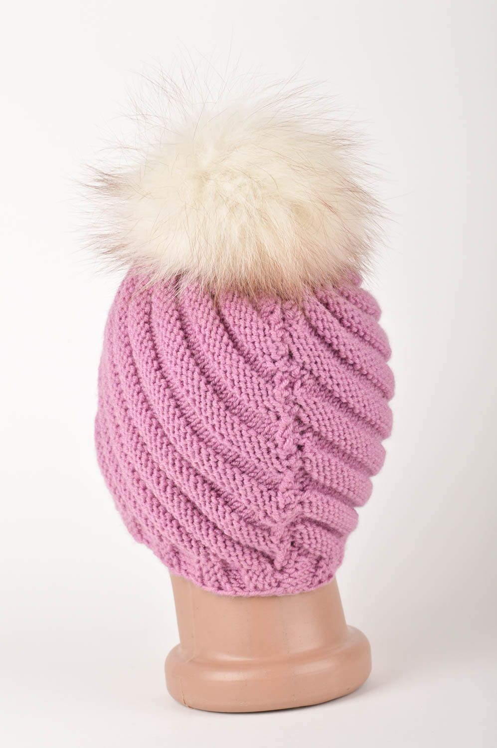Bonnet tricot fait main Chapeau au crochet rose avec pompon Vêtement femme photo 5