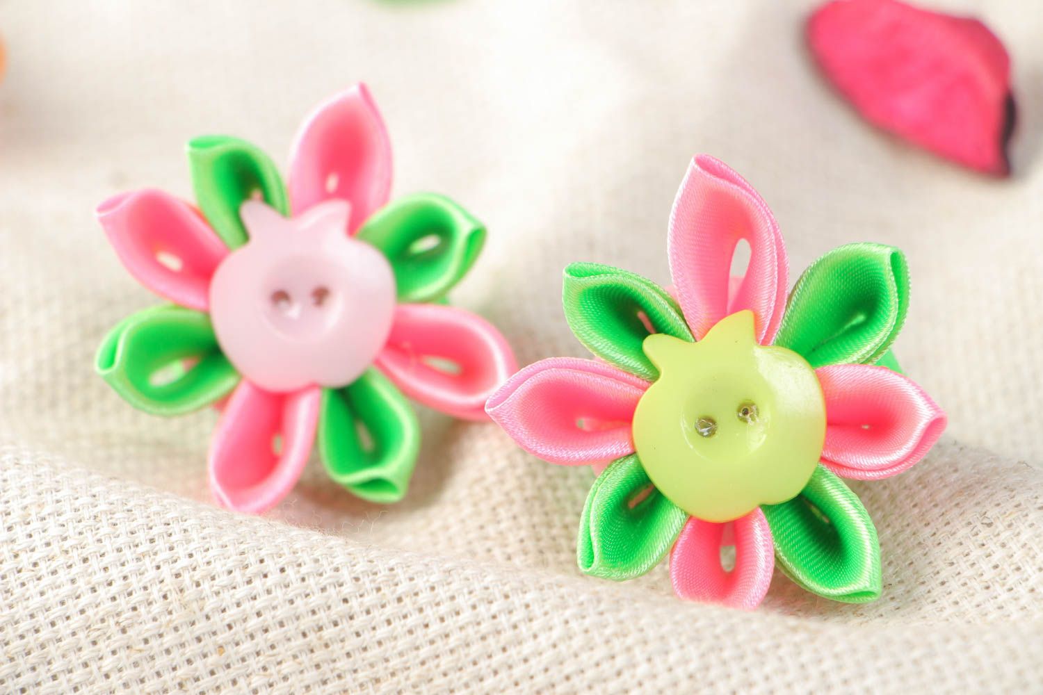 Set of 2 handmade hair ties with satin ribbon flower of pink and green colors photo 1