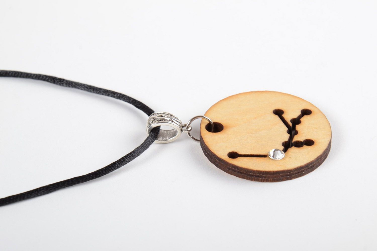 Handmade wooden pendant with the sign of zodiac and crystals on a long cord photo 4