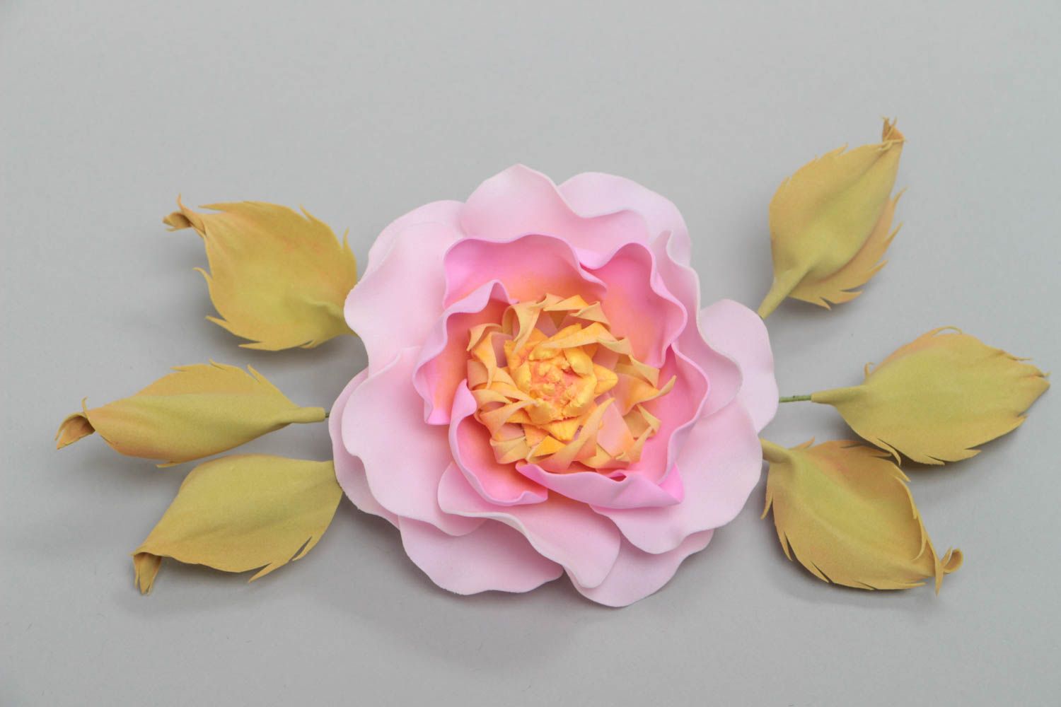 Handmade decorative hair clip with volume foamiran flower of pink color photo 2
