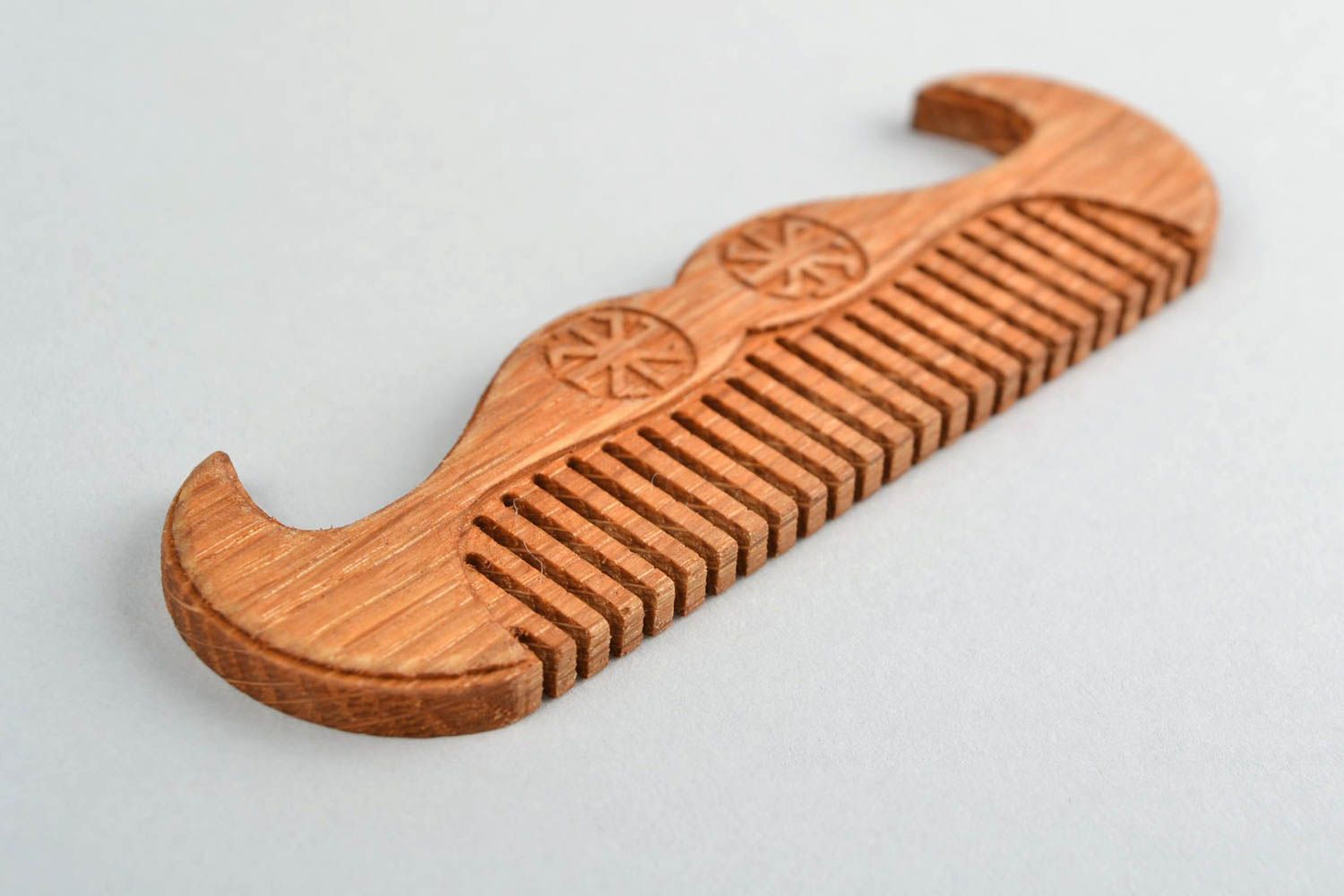 Handmade natural oak wood mustache and beard comb carved with Slavic symbols photo 4