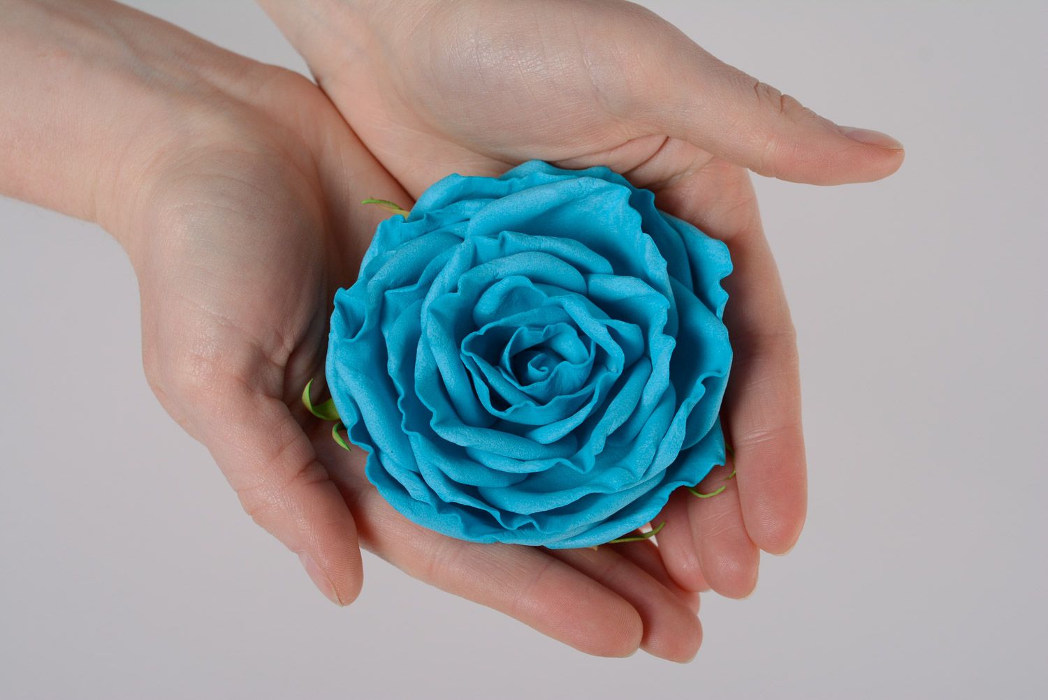 Bright blue handmade foamiran fabric flower scrunchy for women photo 5