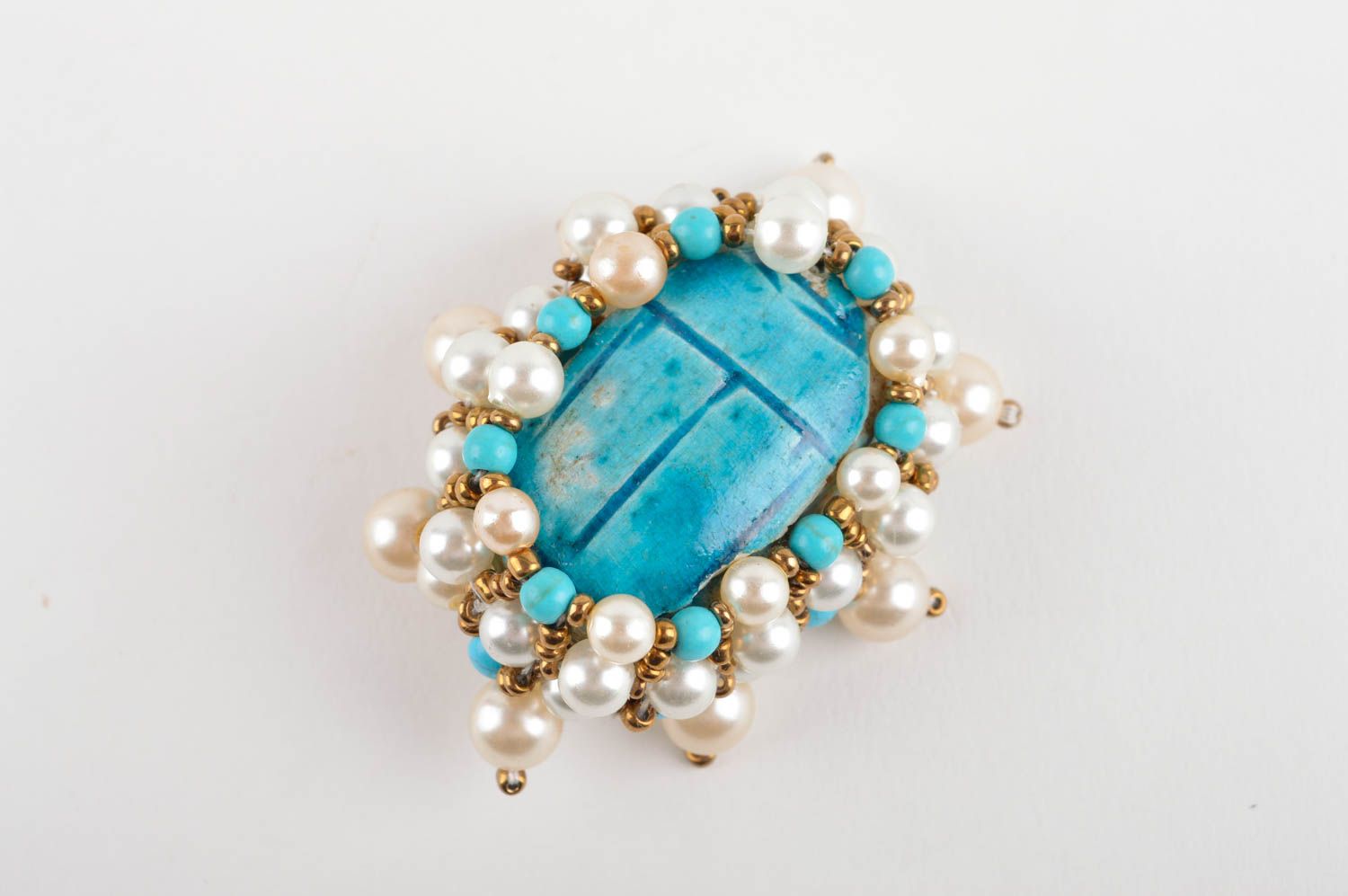 Broche fantaisie Bijou fait main ovale turquoise perles de rocaille Cadeau femme photo 2