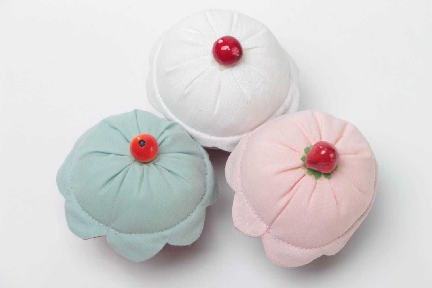 Set of 3 handmade designer fabric soft pincushions of various colors photo 2