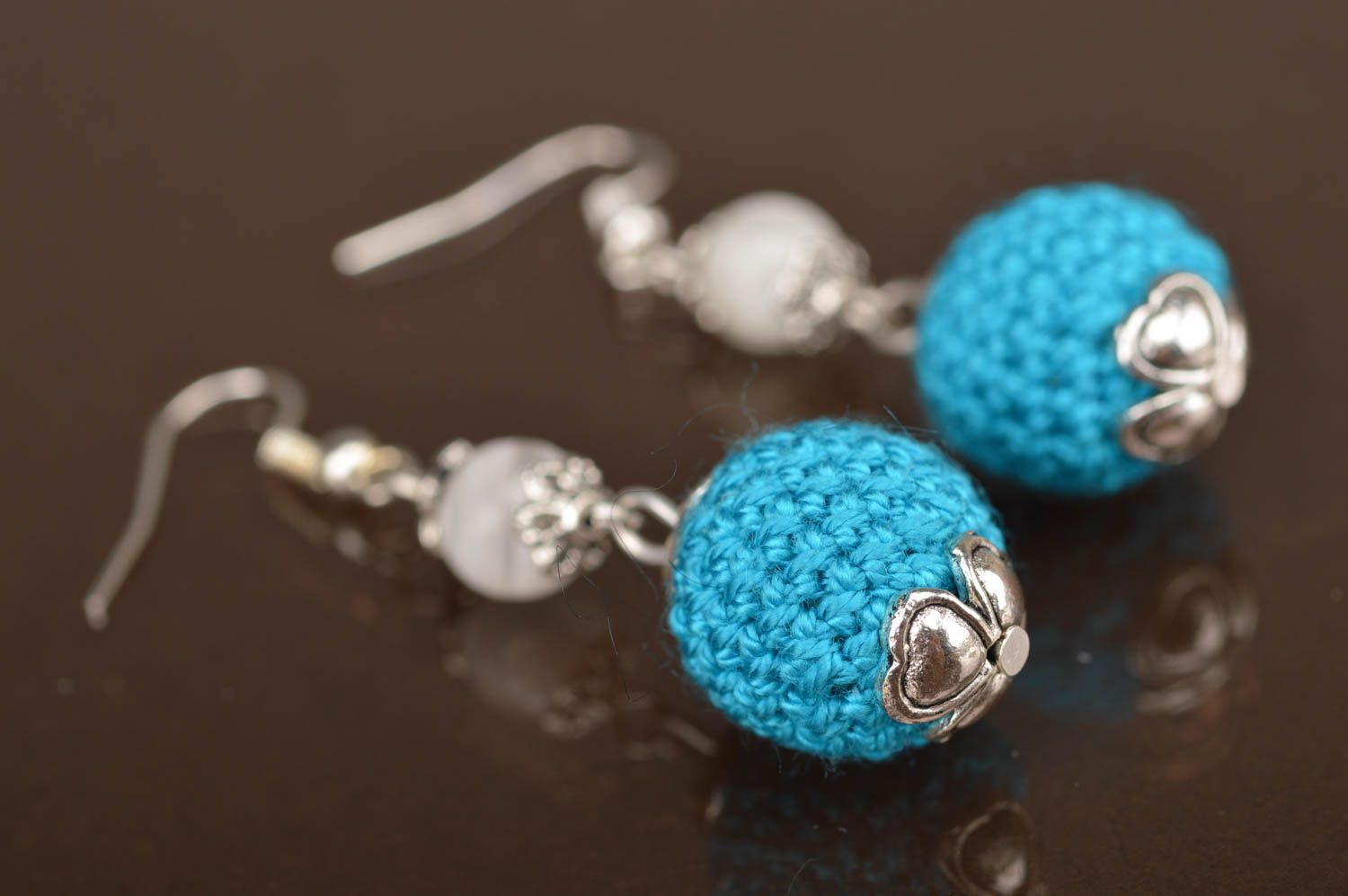 Unusual beautiful blue handmade designer ball earrings crochet over with threads photo 3