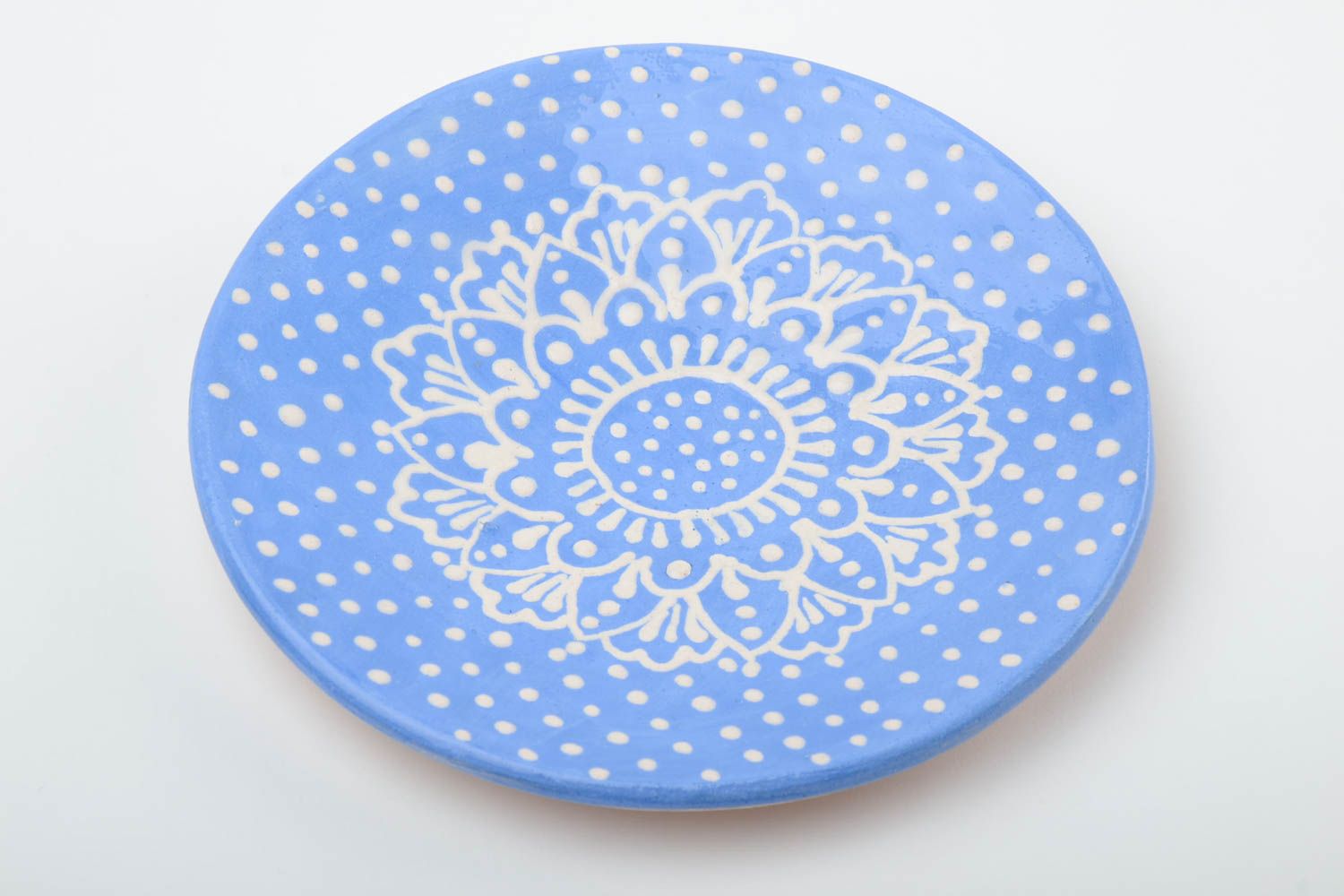 Handmade decorative blue polka dot glazed ceramic saucer with white ornaments  photo 2