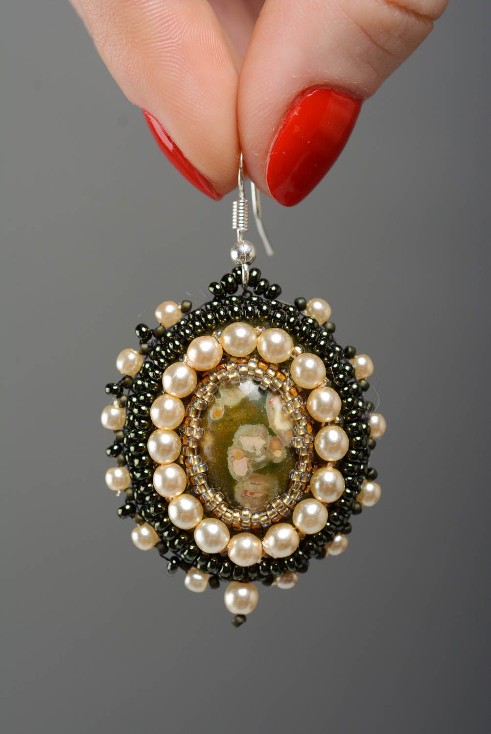 Boucles d'oreilles en perles de rocaille et jaspe ovales vintage faites main photo 4