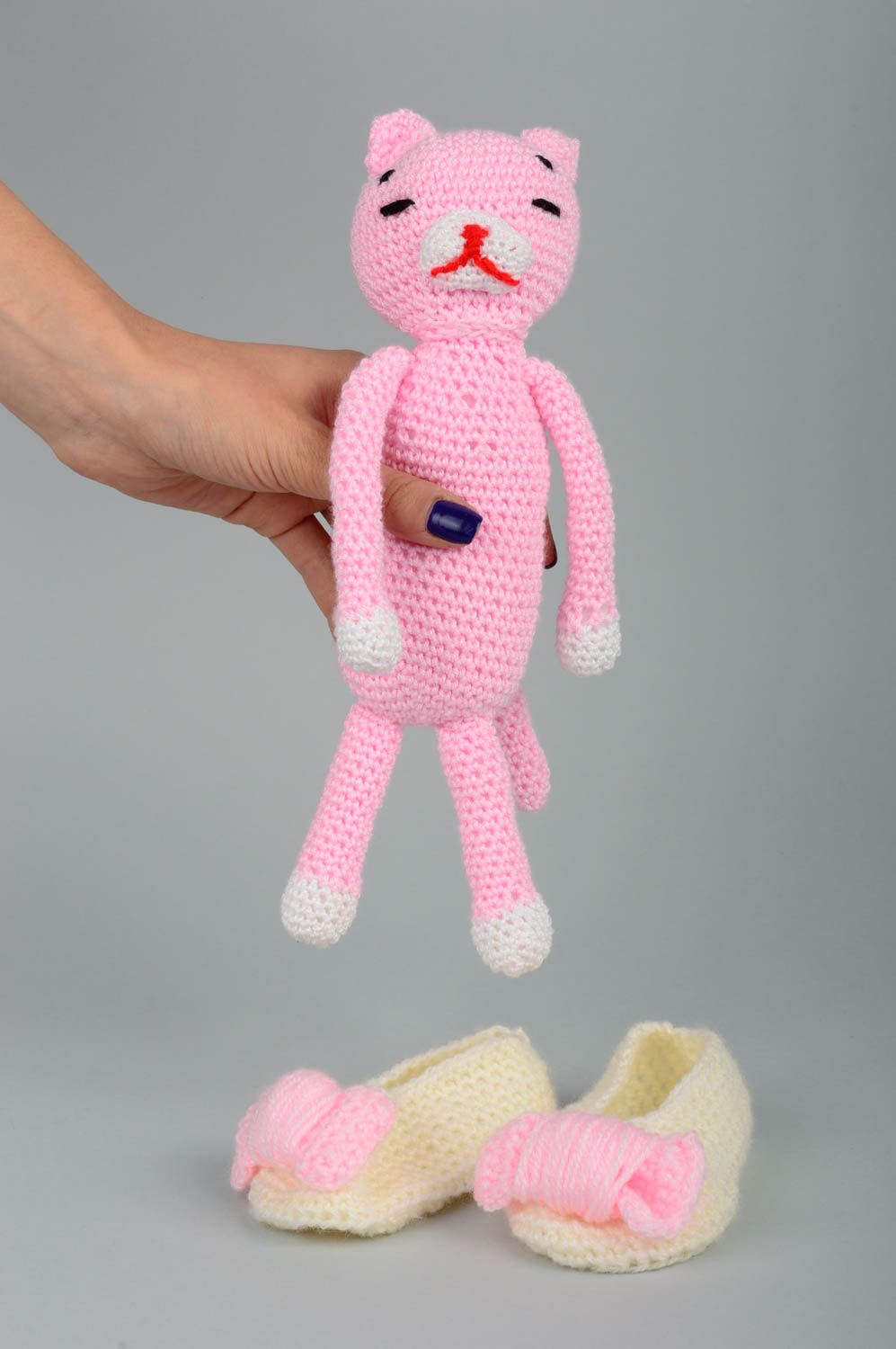 Peluche chat Chaussons bébé faits main tricotés au crochet Cadeau enfant photo 2