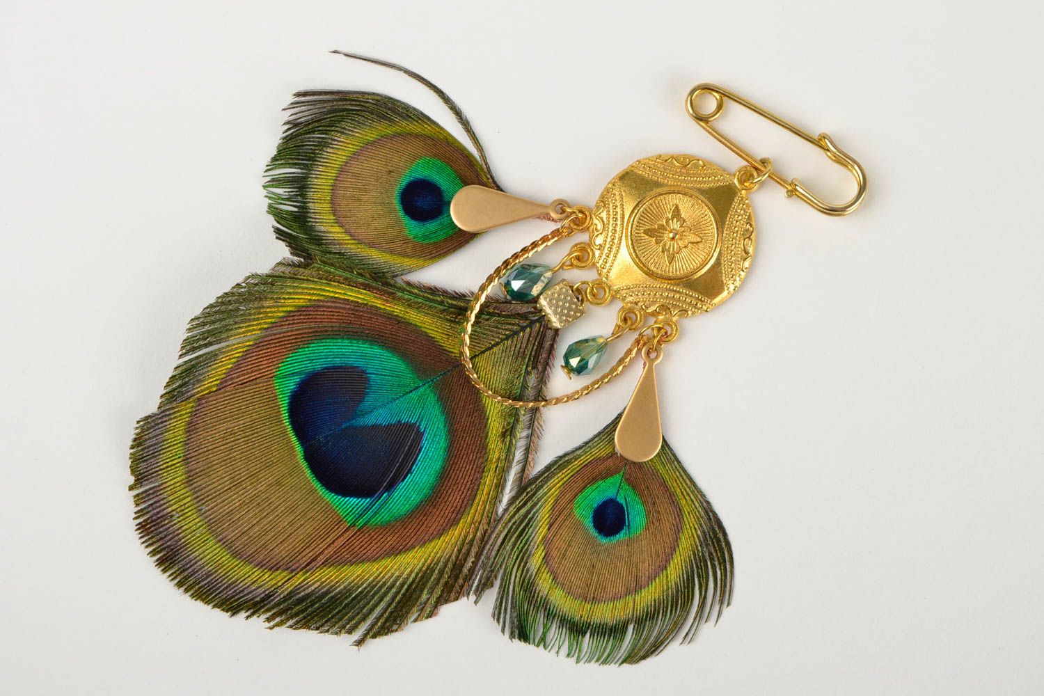 Handmade peacock feather brooch designer unique bijouterie present for woman photo 3
